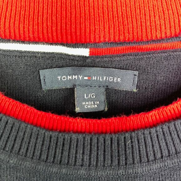 Tommy Hilfiger Navy Blue Red White Long Sleeve Tight Knit Pullover Sweater Sz L - Picture 3 of 3